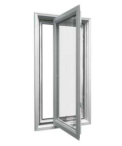 Energy-efficient casement window with white vinyl frame fully opened for installation or replacement in Winnipeg homes