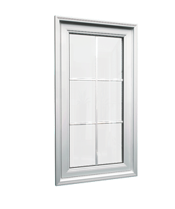 Fixed white vinyl window with decorative grille design, ideal for energy-efficient installation or replacement in Winnipeg