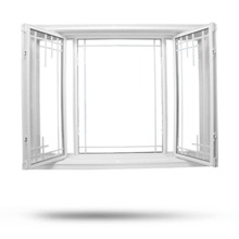 White vinyl double casement window with both sashes open outward showing full ventilation for Winnipeg homes