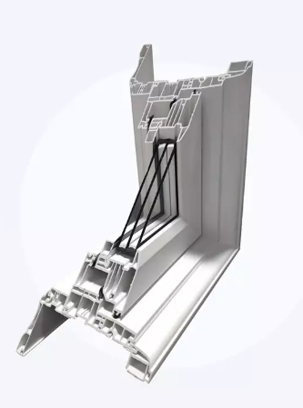 Cross-section of triple-pane vinyl window frame showing internal insulation layers and energy-efficient glass used in Winnipeg installations