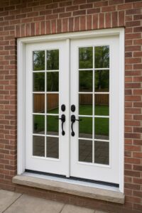 Close-up view of white French doors with multiple glass panes and black handles, installed in a brick exterior wall, leading to a backyard patio and lawn.