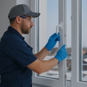 Professional window installer wearing gloves and safety gear, adjusting the handle of a newly installed white-framed window in a residential setting.
