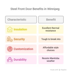 Infographic titled “Steel Front Door Benefits in Winnipeg,” listing four key characteristics—insulation, security, customization, and durability—along with corresponding benefits such as thermal resistance, break-in resistance, style options, and weather resilience.