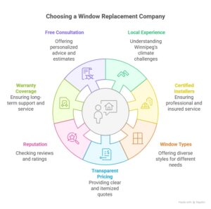 Infographic showing key factors in choosing a window replacement company in Winnipeg, including warranty, certified installers, pricing, and local expertise.