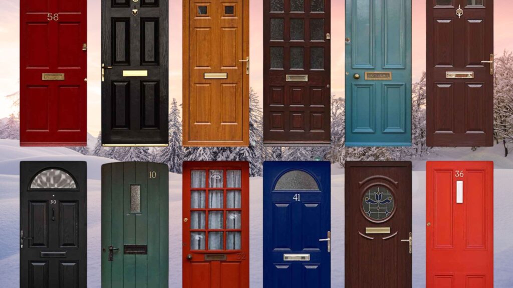 Collage of various residential front doors in different colors, materials, and styles, displayed against a snowy outdoor backdrop with a sunset sky.