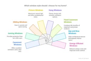 Infographic showing various window styles for homes, including picture, hung, fixed casement, bay and bow, energy-efficient, casement, awning, and sliding windows, with short descriptions of their benefits.