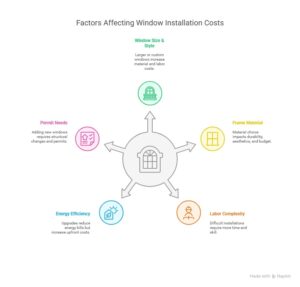 Infographic titled “Factors Affecting Window Installation Costs,” featuring six key elements in a circular layout: window size & style, frame material, labor complexity, energy efficiency, permit needs, each with icons and brief descriptions.