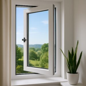Open white casement window in a modern interior, showing a scenic outdoor view of green trees and distant hills under a clear blue sky. A potted snake plant sits on the windowsill.