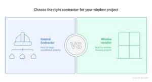  Infographic comparing a general contractor and a window installer for window projects. It highlights that general contractors are ideal for large, coordinated projects, while window installers are best for window-focused tasks.