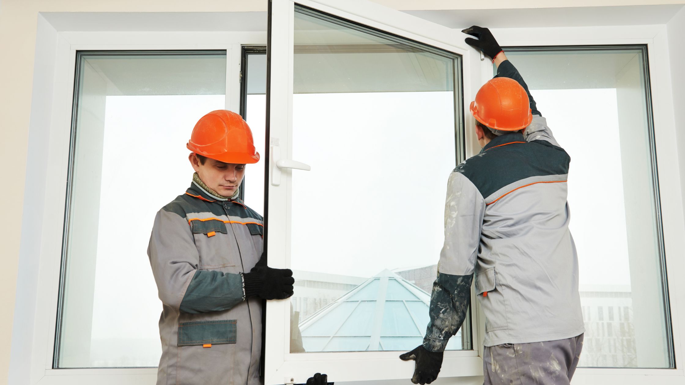 Two construction workers wearing safety helmets and uniforms installing a large white-framed window indoors, representing window replacement in a residential or commercial setting.