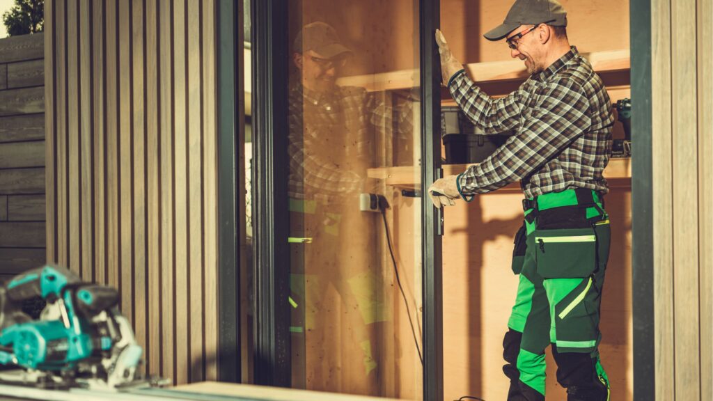 Professional installer aligning a glass door or window frame during a replacement project, wearing safety gear and working on the exterior of a modern wood-paneled building.