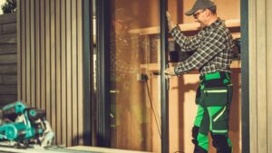 Professional installer aligning a glass door or window frame during a replacement project, wearing safety gear and working on the exterior of a modern wood-paneled building.