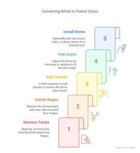 Step-by-step illustrated guide showing how to convert bifold doors to French doors, including steps to remove tracks, install hinges, add catches, trim doors, and install knobs.  
