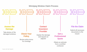 Infographic titled “Winnipeg Window Claim Process,” outlining five steps with colorful arrows and labels: Assess the Damage, Check Your Policy, Contact Insurance Provider, Get a Professional Quote, and File the Claim—each with brief instructions.