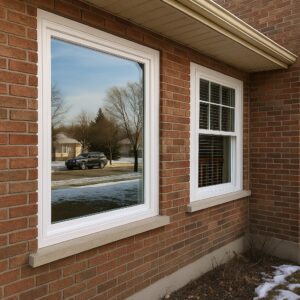 Close-up view of two newly installed energy-efficient windows with white frames on a red brick home exterior, showing a clean and modern upgrade ideal for improving insulation and curb appeal.