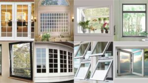 Collage of eight different types of residential windows, including sliding, bay, awning, casement, garden, and fixed styles, showcasing various designs and functions.