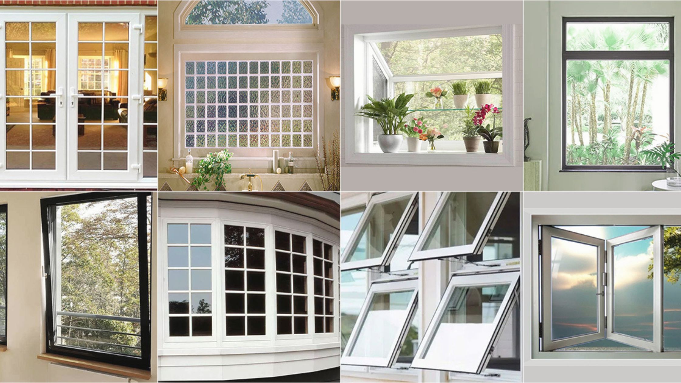 Collage of eight different types of residential windows, including sliding, bay, awning, casement, garden, and fixed styles, showcasing various designs and functions.