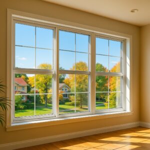 Bright, spacious interior room with large white-framed double-slider windows showcasing a clear view of a suburban neighborhood with colorful autumn trees and houses.