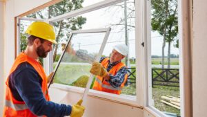 Two construction workers wearing safety vests and hard hats install a new window frame in a residential building, with a green outdoor setting in the background.
