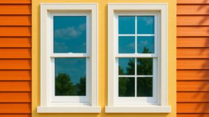 Side-by-side comparison of a double-hung window (left) and a single-hung window (right) installed on a bright orange and yellow exterior wall, highlighting the difference in operable sashes.