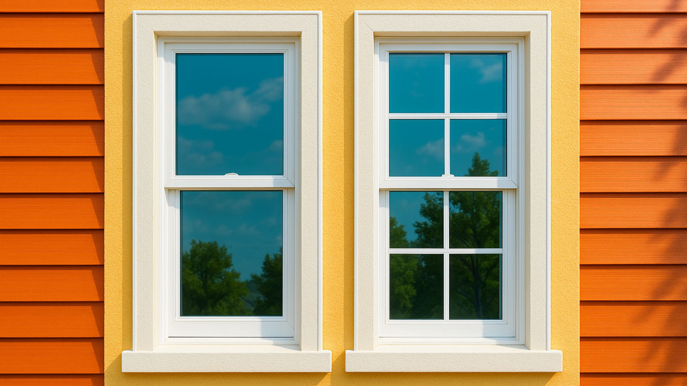 Side-by-side comparison of a double-hung window (left) and a single-hung window (right) installed on a bright orange and yellow exterior wall, highlighting the difference in operable sashes.