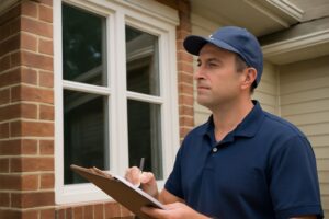 A professional window replacement contractor standing outside a house, inspecting a window and taking notes on a clipboard. He is wearing a blue polo shirt and a matching cap while carefully examining the window frame.