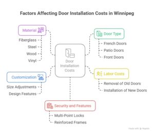 An infographic outlining factors affecting door installation costs in Winnipeg. It covers material options, door types, customization, labor costs, and security features. Each category is color-coded with icons.