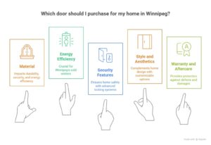 An infographic detailing factors to consider when purchasing a door in Winnipeg. The factors include Material, Energy Efficiency, Security Features, Style and Aesthetics, and Warranty and Aftercare, each accompanied by relevant icons.