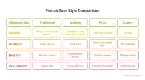 A comparison chart of different French door styles, including Traditional, Modern, Patio, and Custom. The chart outlines key characteristics such as materials, aesthetics, best uses, and key features of each style.