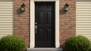 A modern black six-panel door with sleek chrome hardware, framed by a light-colored trim, set against a brick wall. Two outdoor lantern lights are mounted on either side, and lush green shrubs are visible at the base of the door.