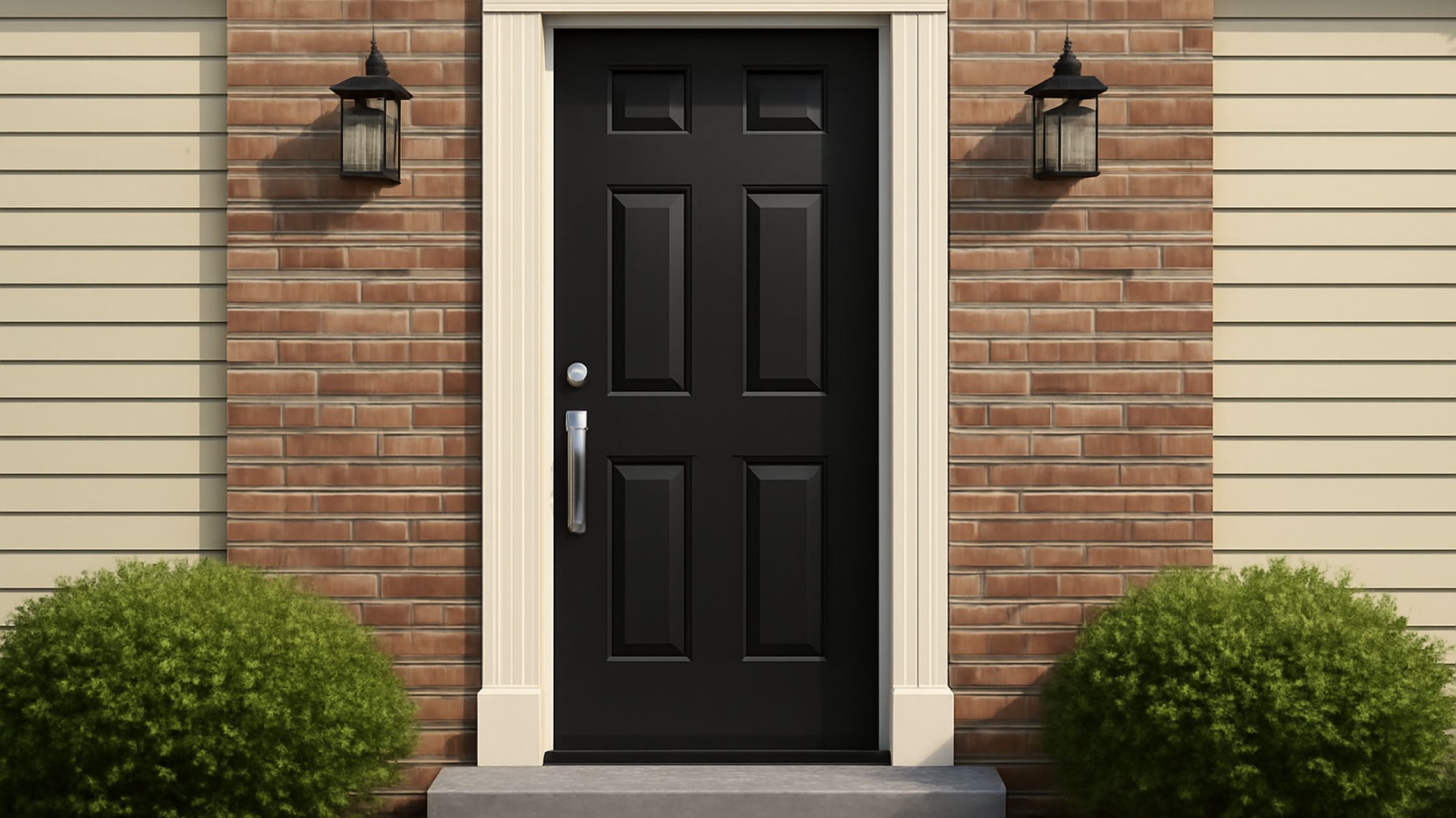 A modern black six-panel door with sleek chrome hardware, framed by a light-colored trim, set against a brick wall. Two outdoor lantern lights are mounted on either side, and lush green shrubs are visible at the base of the door.