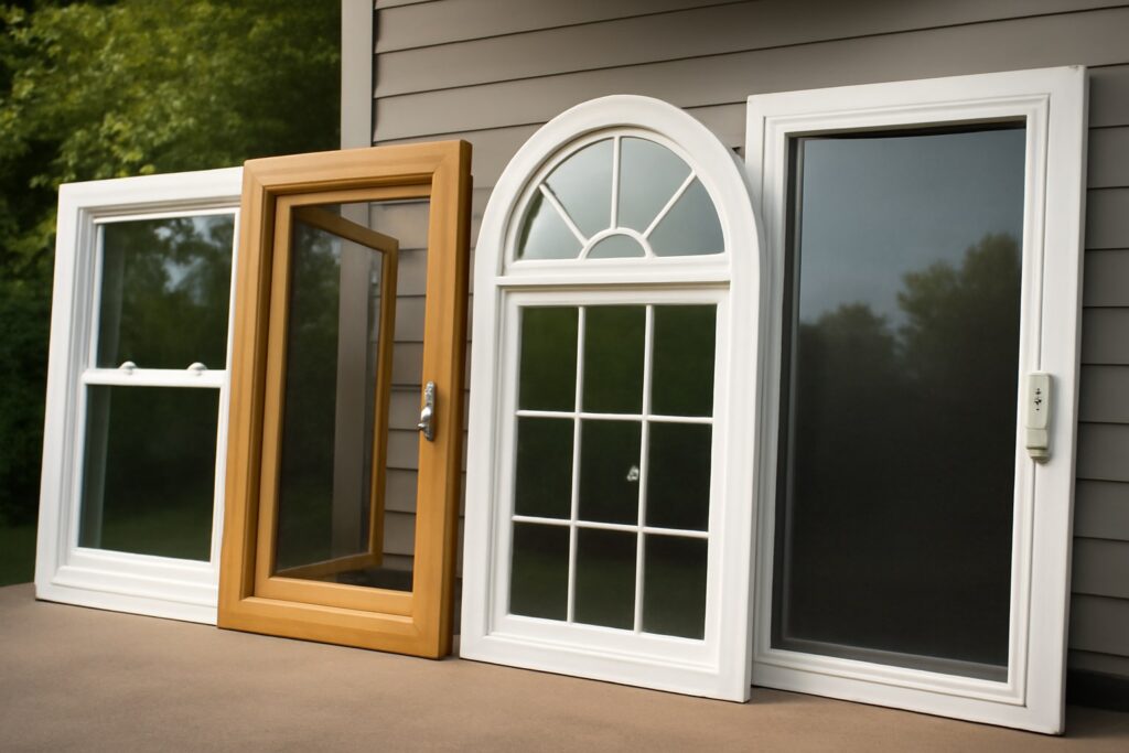 A selection of four different window styles displayed outdoors, including a double-hung window with white frame, a casement window with wood frame, an arched window with grid design, and a sliding window with a mesh screen, set against a beige exterior wall.