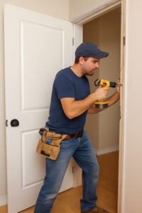 A professional handyman wearing a blue shirt, jeans, and a tool belt, drilling into the doorframe with a power drill during a door installation. The door is white, and the surrounding room features neutral walls and wooden flooring.