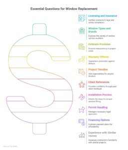 An infographic with a colorful dollar sign shape, listing essential questions for window replacement contractors.