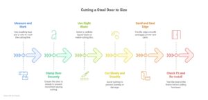Infographic outlining the 7 steps to cut a steel door to size: Measure and mark, clamp door securely, use the right blade, cut slowly and steadily, sand and seal the edge, check fit, and re-install. Each step is illustrated with a colorful arrow and icon.