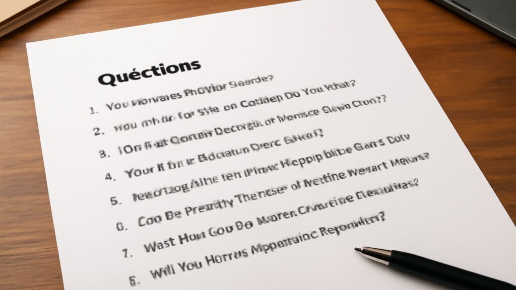 An image of a paper with a list of questions titled "Questions," possibly related to a window replacement contractor, with illegible text due to distortion. A pen rests on the paper next to a laptop on the desk.