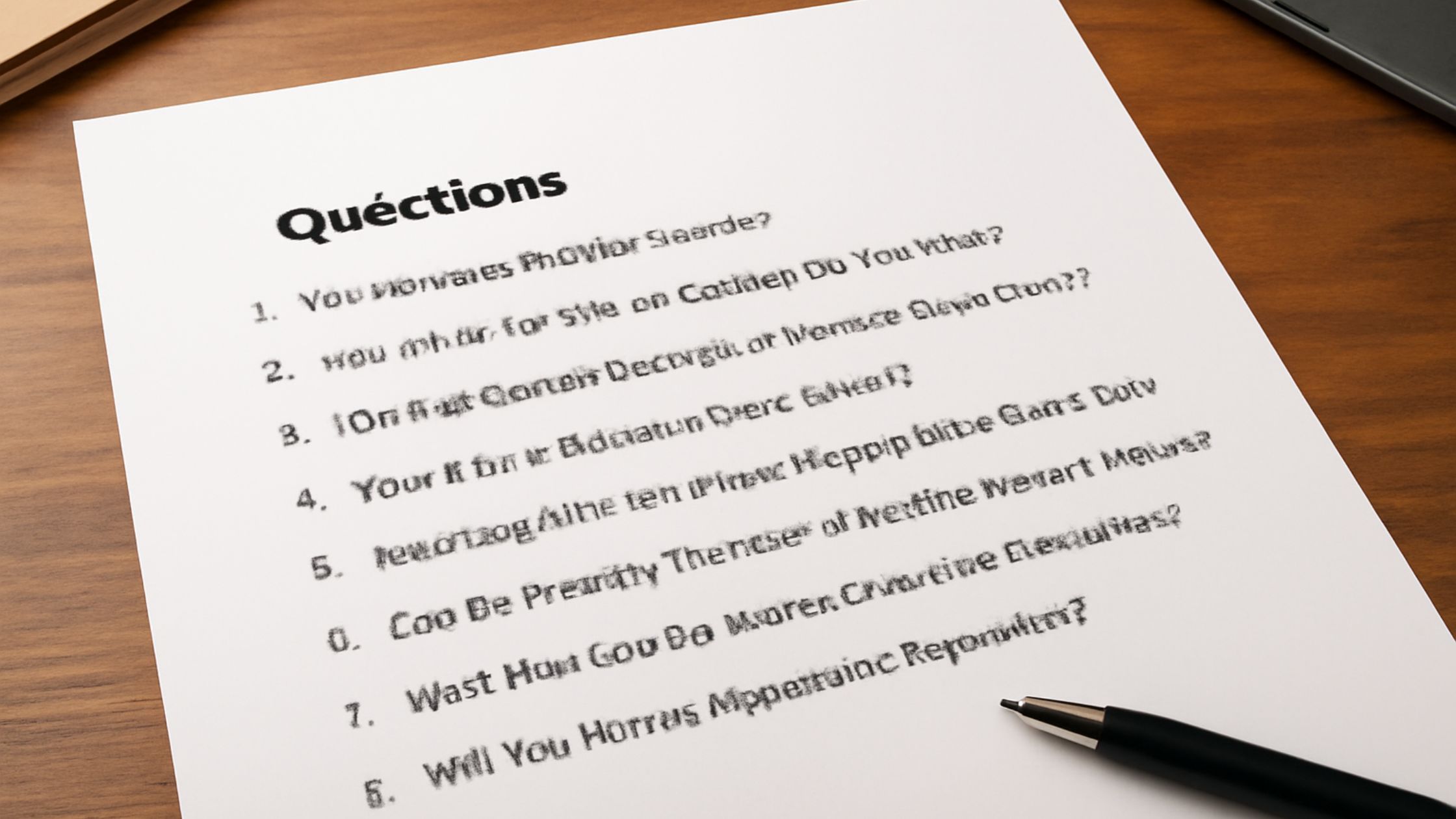 An image of a paper with a list of questions titled "Questions," possibly related to a window replacement contractor, with illegible text due to distortion. A pen rests on the paper next to a laptop on the desk.