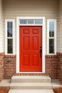 A vibrant red six-panel door with side windows, framed by brick steps and a light-colored exterior wall. The door features a modern black handle and a sleek design.