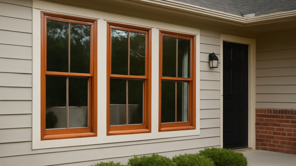 A close-up view of three double-hung windows with a rich wood-like finish, framed in light-colored trim. The windows are set on a beige exterior wall with a black door visible to the right, and a small bush in the foreground.