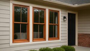 A close-up view of three double-hung windows with a rich wood-like finish, framed in light-colored trim. The windows are set on a beige exterior wall with a black door visible to the right, and a small bush in the foreground.