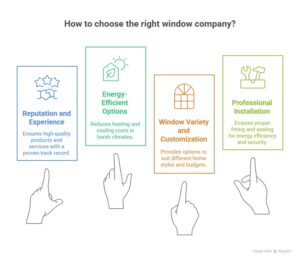 An infographic outlining key factors to consider when choosing a window company. These include Reputation and Experience, Energy-Efficient Options, Window Variety and Customization, and Professional Installation, each accompanied by relevant icons.
