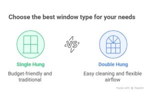 Infographic comparing single hung and double hung windows. Single hung is described as budget-friendly and traditional, while double hung is noted for easy cleaning and flexible airflow. A "VS" symbol is placed between the two options.
