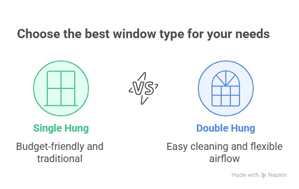 Infographic comparing single hung and double hung windows. Single hung is described as budget-friendly and traditional, while double hung is noted for easy cleaning and flexible airflow. A "VS" symbol is placed between the two options.