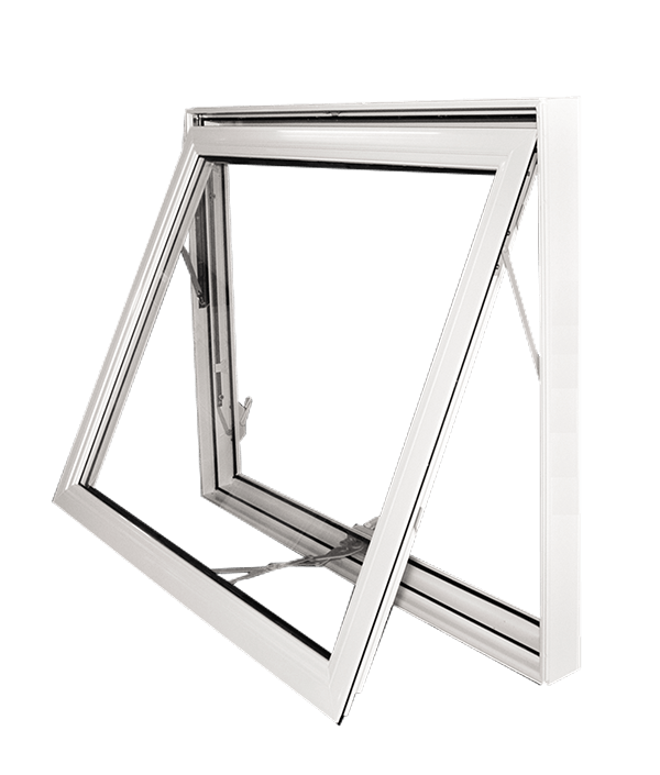 Energy-efficient awning window with white vinyl frame shown fully open for installation or replacement in Winnipeg