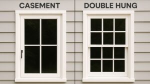 Side-by-side comparison of a casement window and a double-hung window installed on a gray exterior wall, labeled clearly to highlight design differences.