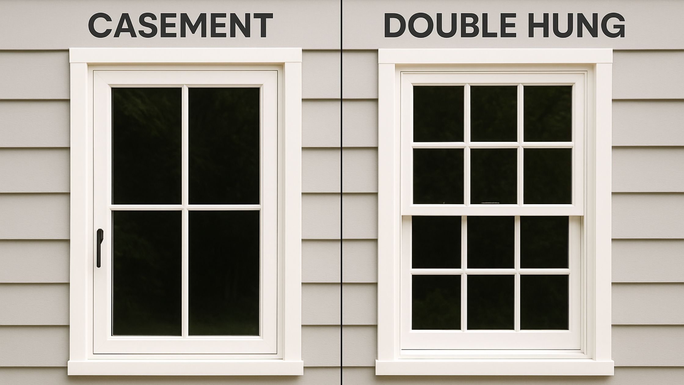Side-by-side comparison of a casement window and a double-hung window installed on a gray exterior wall, labeled clearly to highlight design differences.