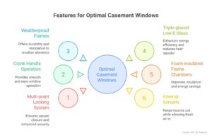 Infographic titled “Features for Optimal Casement Windows” listing six key features around a central circle.