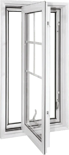 White vinyl casement window open inward with divided grille design and double-pane glass