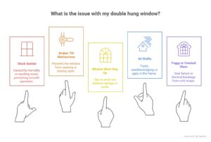 Infographic titled “What is the issue with my double hung window?” listing six common problems.