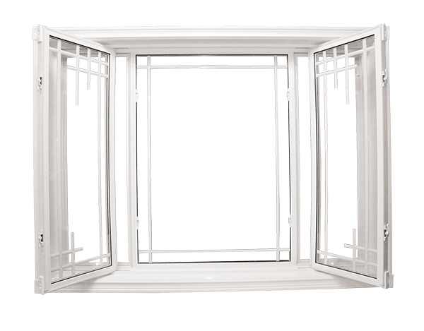 White bay window with side vents and grille pattern designed for natural light, ideal for Winnipeg home front or living room upgrade